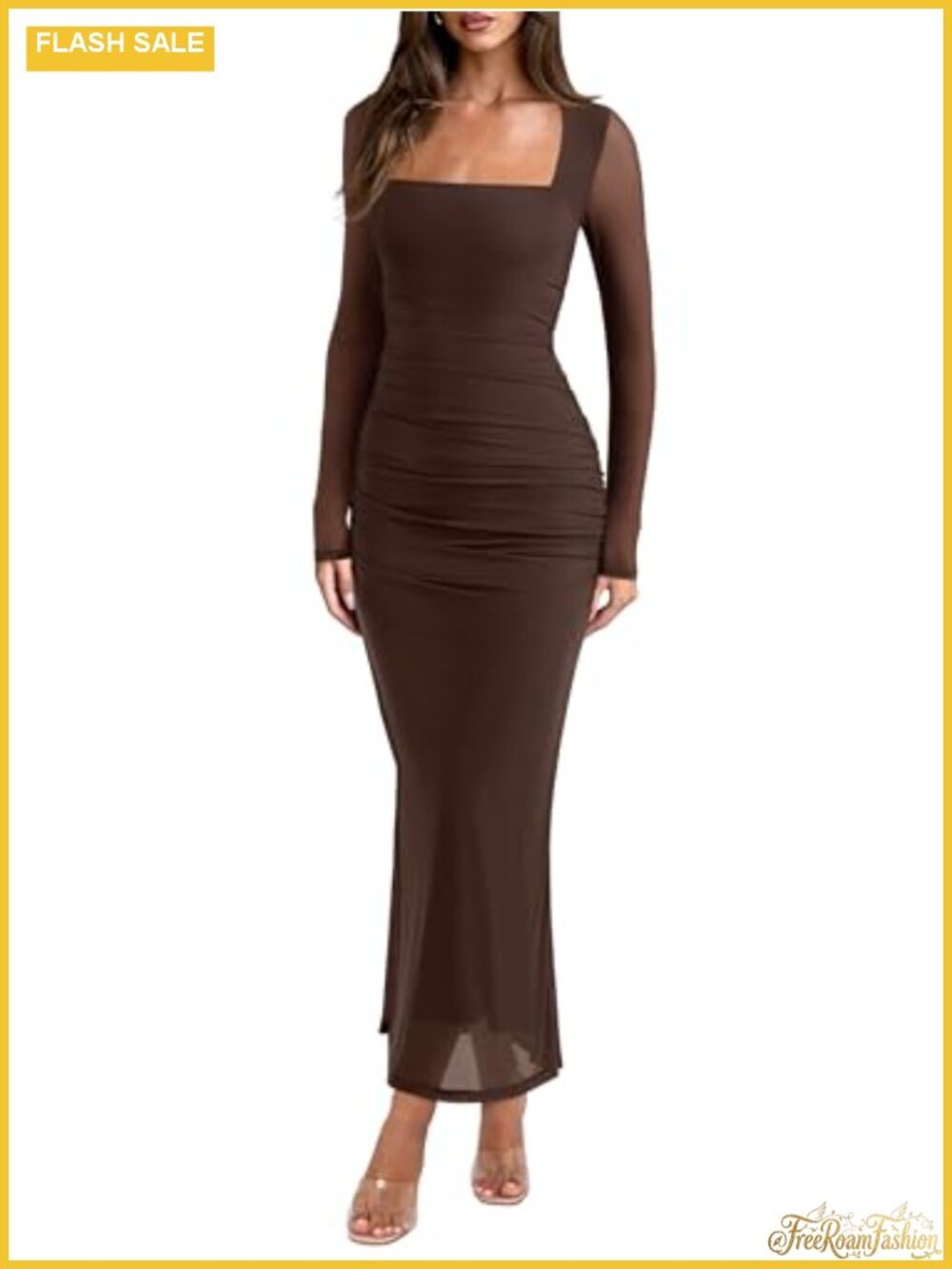 REORIA Long Sleeve Square Neck Maxi Dress Mesh Sheer Slimming Wedding Guest
